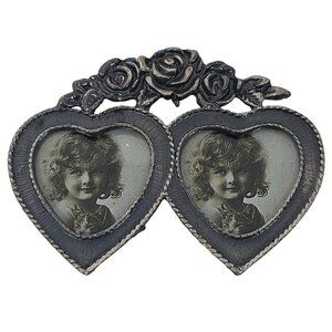 Vintage Double Heart Photo Frame Brooch Pin with Roses Silver Tone